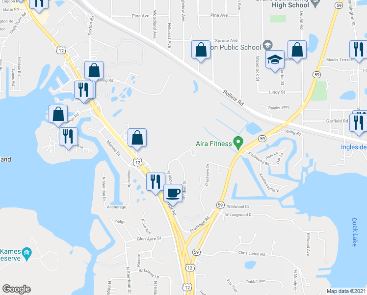 map of restaurants, bars, coffee shops, grocery stores, and more near 530 Foxridge Drive in Fox Lake