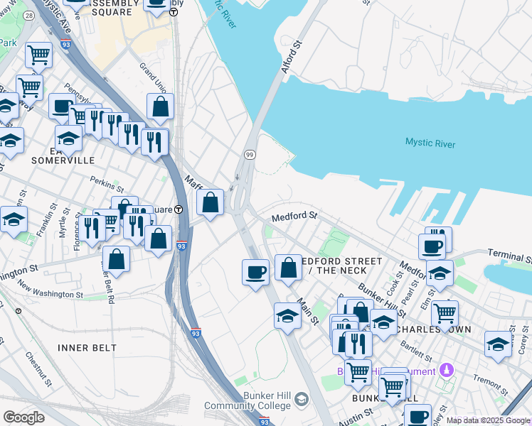 map of restaurants, bars, coffee shops, grocery stores, and more near 525 Main Street in Boston