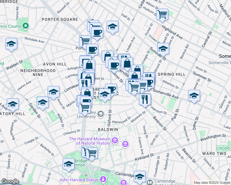 map of restaurants, bars, coffee shops, grocery stores, and more near 14 Traymore Street in Cambridge