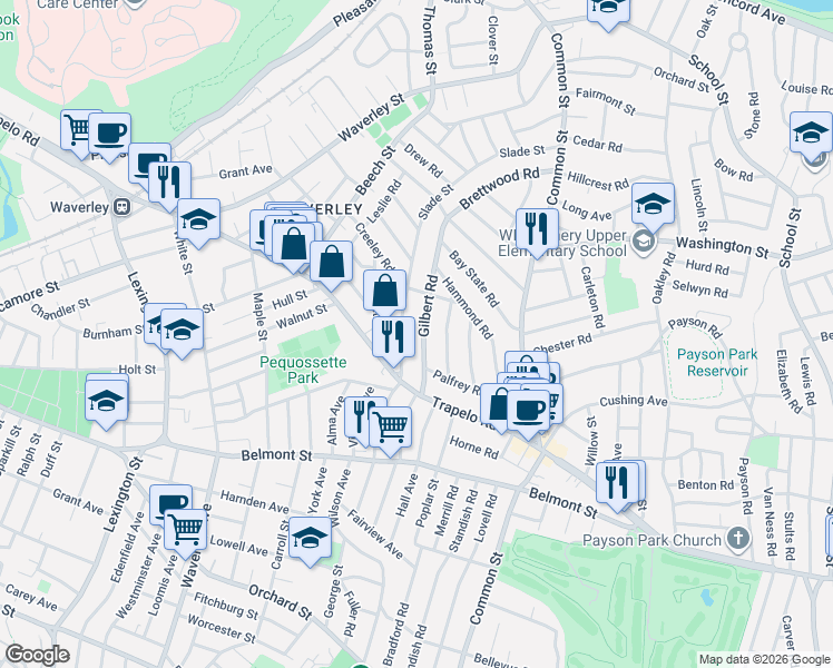 map of restaurants, bars, coffee shops, grocery stores, and more near 52 Gilbert Road in Belmont