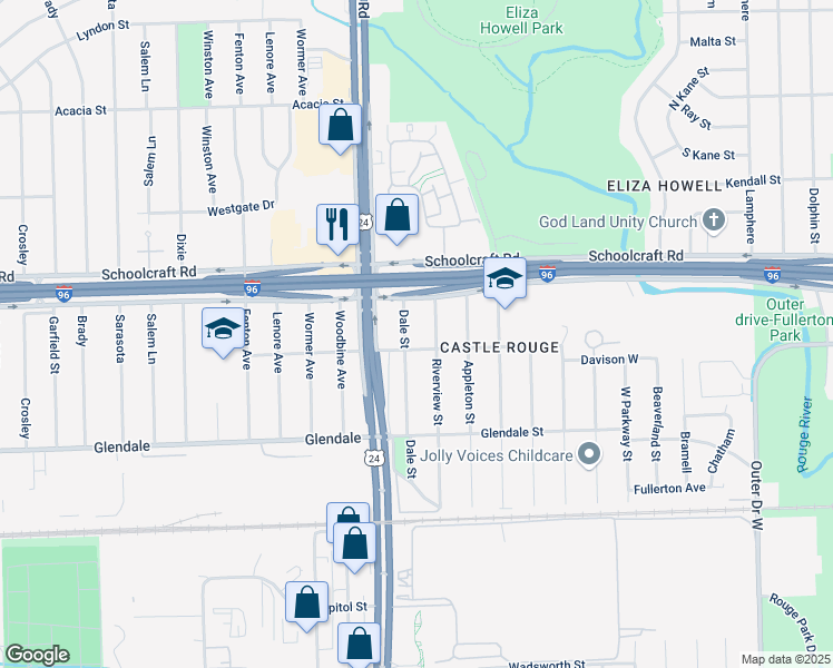 map of restaurants, bars, coffee shops, grocery stores, and more near 13535 Riverview Street in Detroit