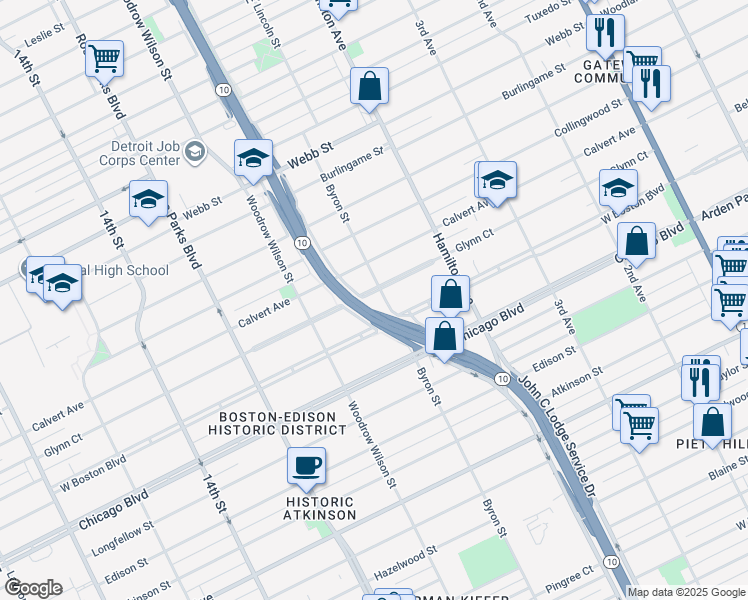map of restaurants, bars, coffee shops, grocery stores, and more near 1415 Glynn Court in Detroit
