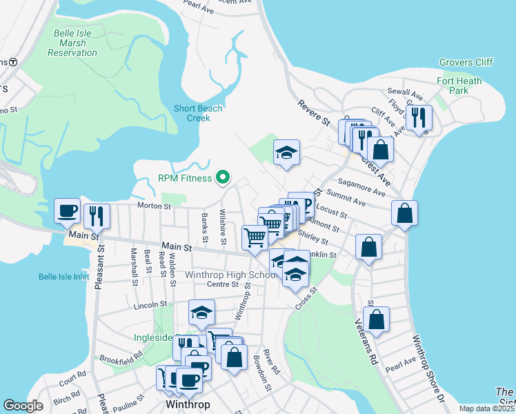 map of restaurants, bars, coffee shops, grocery stores, and more near 700 Governors Drive in Winthrop