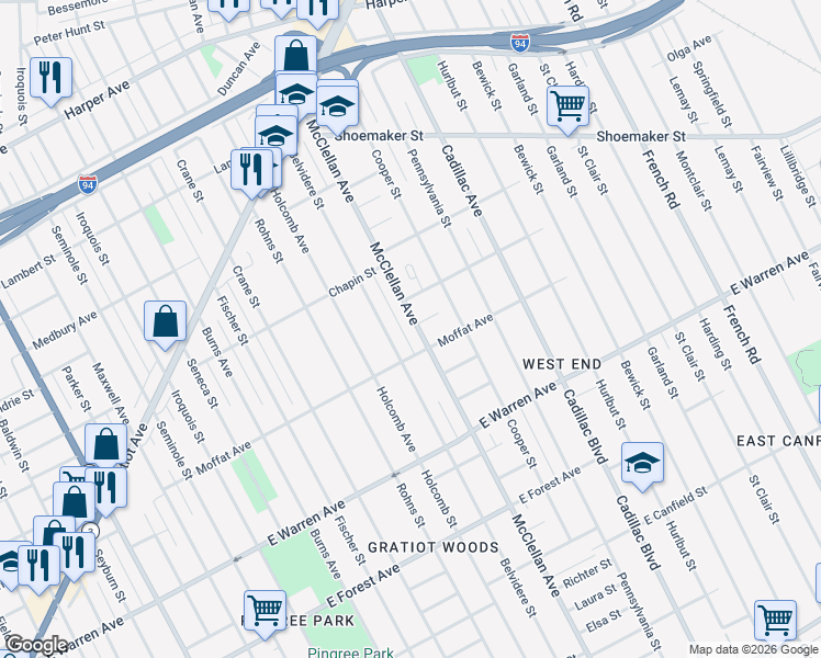 map of restaurants, bars, coffee shops, grocery stores, and more near 5347 McClellan Avenue in Detroit