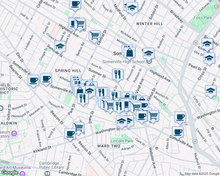 map of restaurants, bars, coffee shops, grocery stores, and more near 16 Preston Road in Somerville
