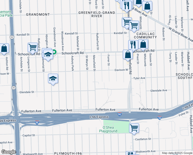 map of restaurants, bars, coffee shops, grocery stores, and more near 12908 Mansfield Street in Detroit