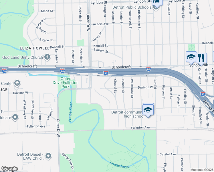 map of restaurants, bars, coffee shops, grocery stores, and more near 13519 Halley Street in Detroit