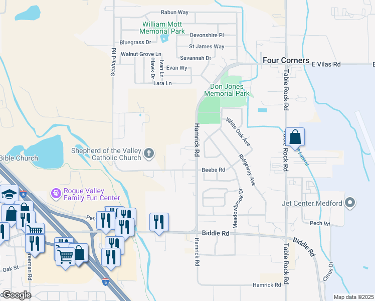 map of restaurants, bars, coffee shops, grocery stores, and more near 4615 Hamrick Road in Central Point