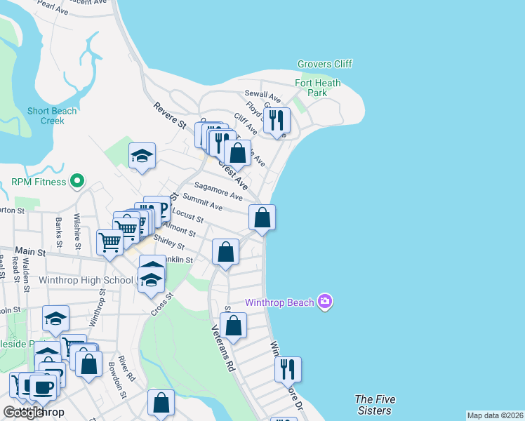 map of restaurants, bars, coffee shops, grocery stores, and more near 120 Crest Avenue in Winthrop