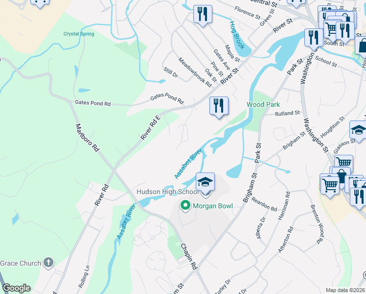 map of restaurants, bars, coffee shops, grocery stores, and more near 202 River Road in Hudson