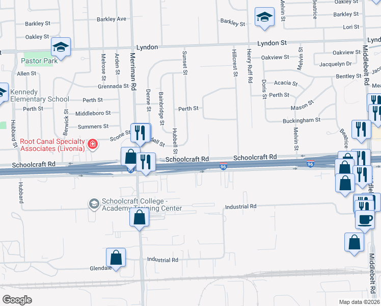 map of restaurants, bars, coffee shops, grocery stores, and more near 31064 Schoolcraft Road in Livonia