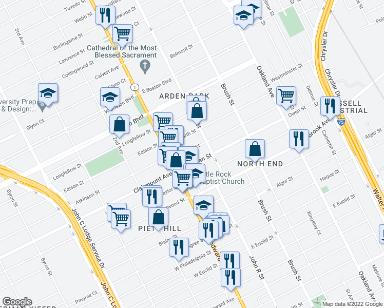 map of restaurants, bars, coffee shops, grocery stores, and more near 84 Leicester Court in Detroit