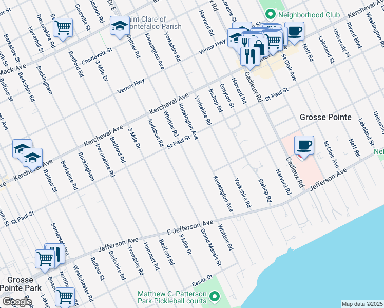 map of restaurants, bars, coffee shops, grocery stores, and more near 1048 Whittier Road in Grosse Pointe Park
