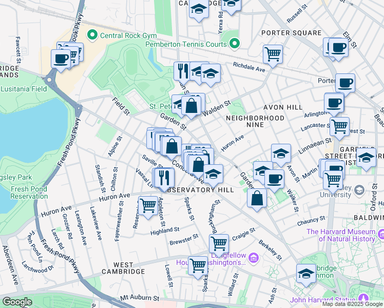 map of restaurants, bars, coffee shops, grocery stores, and more near 25 Orrin Street in Cambridge