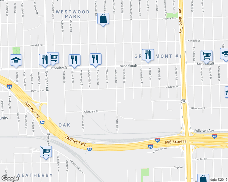 map of restaurants, bars, coffee shops, grocery stores, and more near 19011 Davison West in Detroit