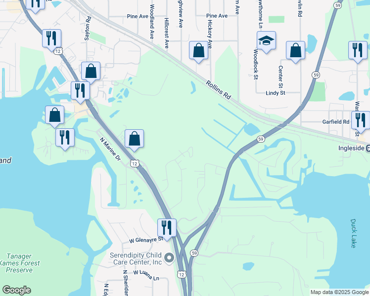 map of restaurants, bars, coffee shops, grocery stores, and more near 522 Foxridge Drive in Fox Lake