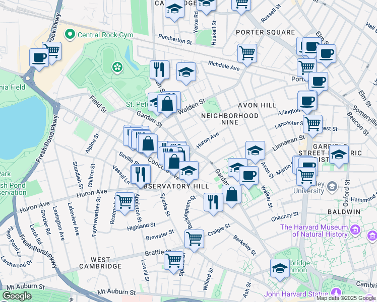 map of restaurants, bars, coffee shops, grocery stores, and more near 4 Garden Court in Cambridge