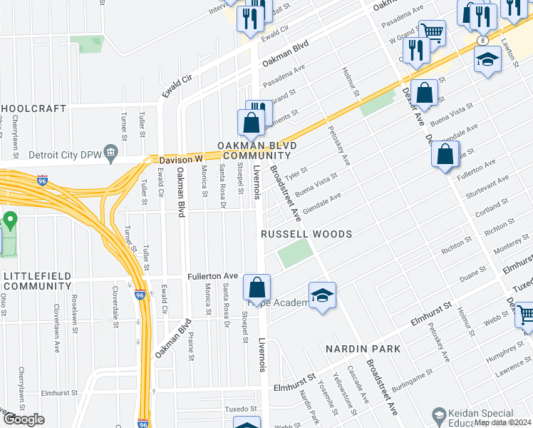 map of restaurants, bars, coffee shops, grocery stores, and more near 12854 Livernois in Detroit