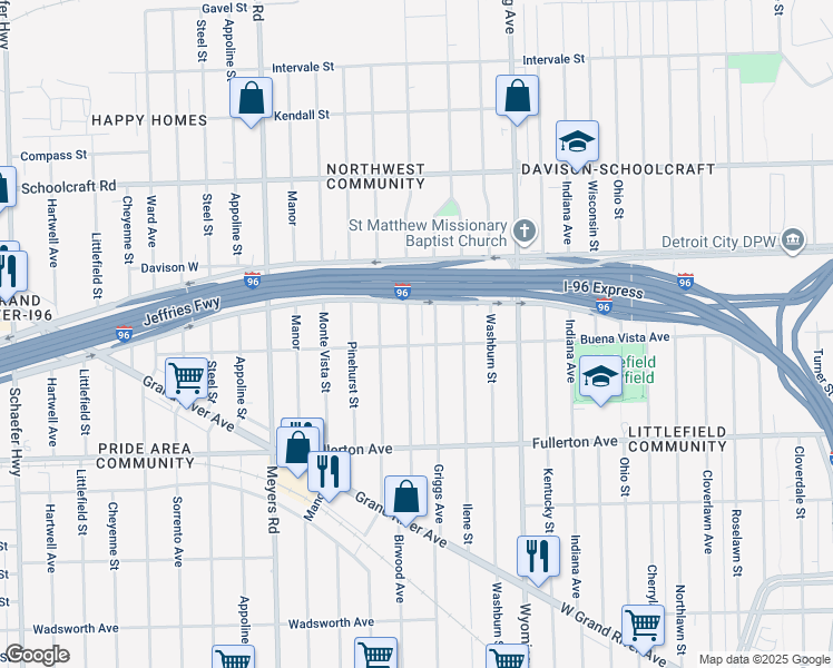 map of restaurants, bars, coffee shops, grocery stores, and more near 13126 Birwood Street in Detroit