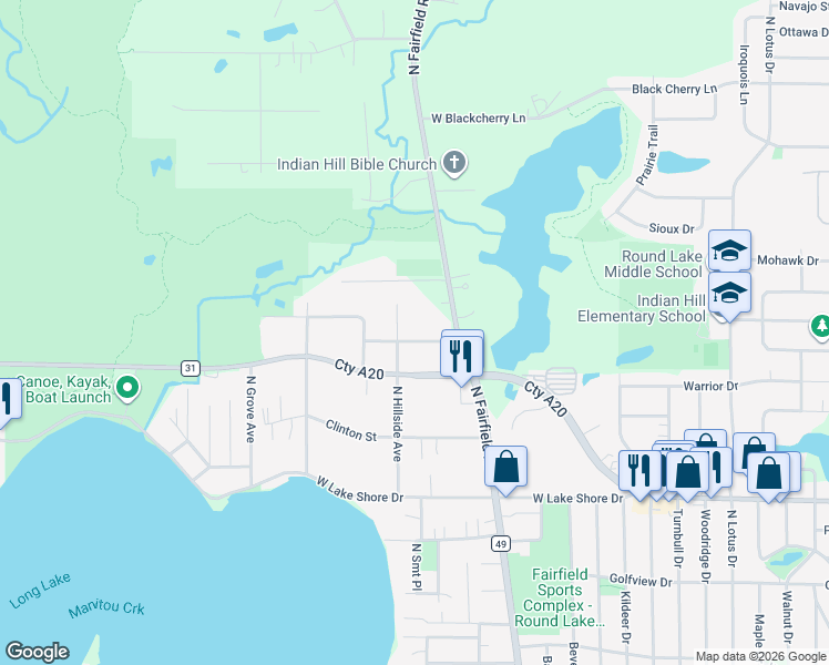 map of restaurants, bars, coffee shops, grocery stores, and more near 24626 West Orchard Place in Round Lake
