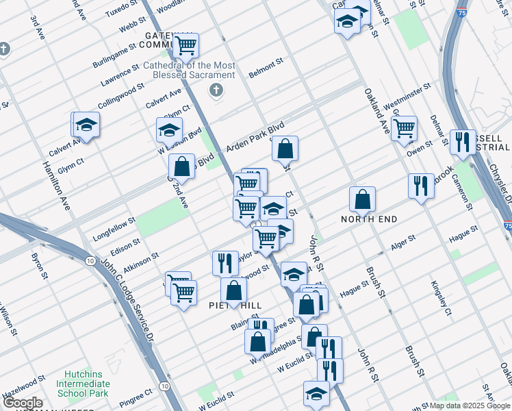 map of restaurants, bars, coffee shops, grocery stores, and more near 9320 Woodward Avenue in Detroit