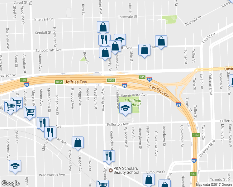 map of restaurants, bars, coffee shops, grocery stores, and more near 13109 Indiana Street in Detroit