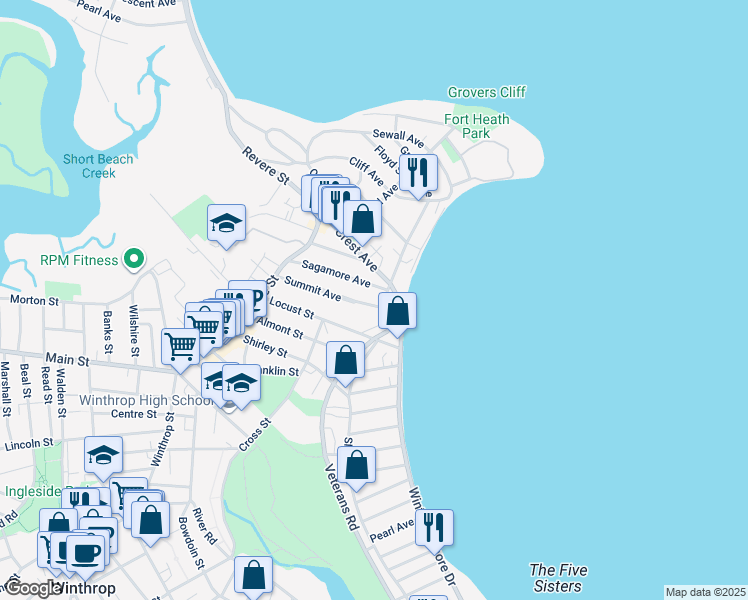 map of restaurants, bars, coffee shops, grocery stores, and more near 106 Summit Avenue in Winthrop