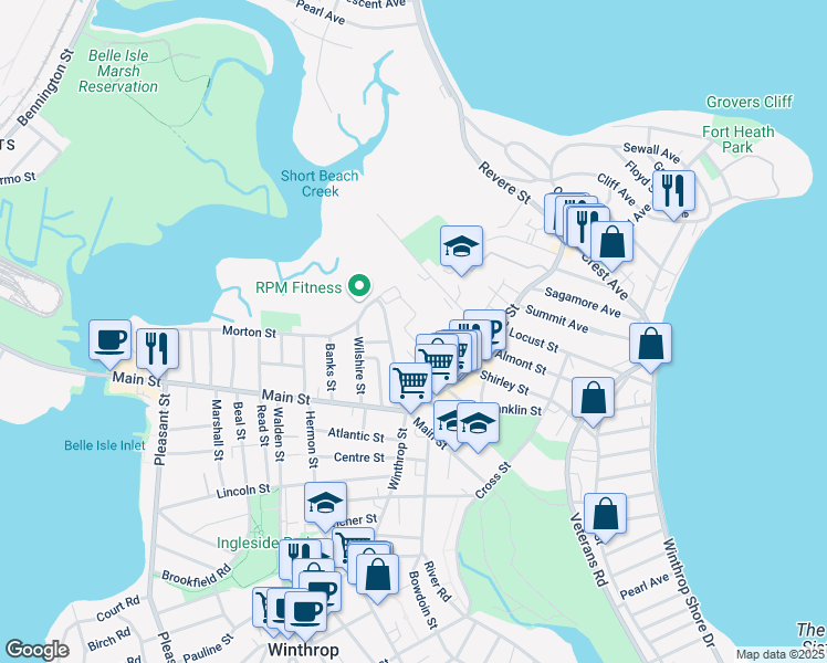map of restaurants, bars, coffee shops, grocery stores, and more near 700 Governors Drive in Winthrop