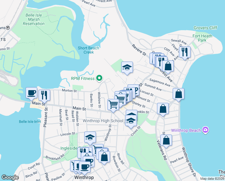 map of restaurants, bars, coffee shops, grocery stores, and more near 700 Governors Drive in Winthrop