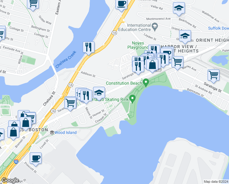 map of restaurants, bars, coffee shops, grocery stores, and more near 669 Massachusetts 145 in Boston