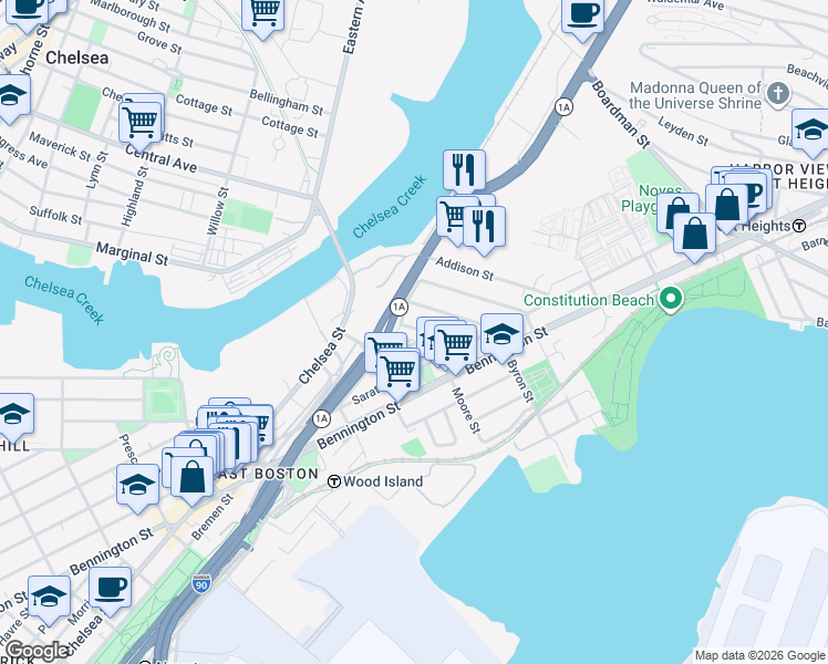 map of restaurants, bars, coffee shops, grocery stores, and more near 10 Moore Street in Boston