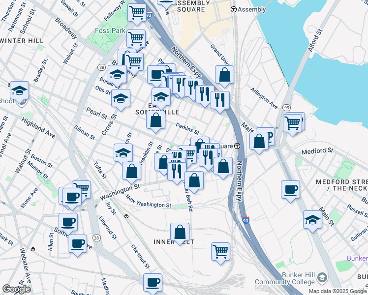 map of restaurants, bars, coffee shops, grocery stores, and more near in Somerville