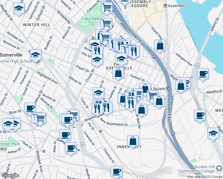 map of restaurants, bars, coffee shops, grocery stores, and more near 49 Franklin Street in Somerville