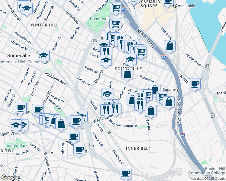 map of restaurants, bars, coffee shops, grocery stores, and more near 28 Flint Street in Somerville
