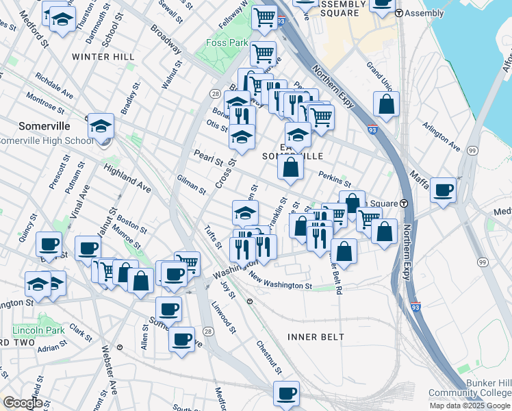 map of restaurants, bars, coffee shops, grocery stores, and more near 28 Flint Street in Somerville