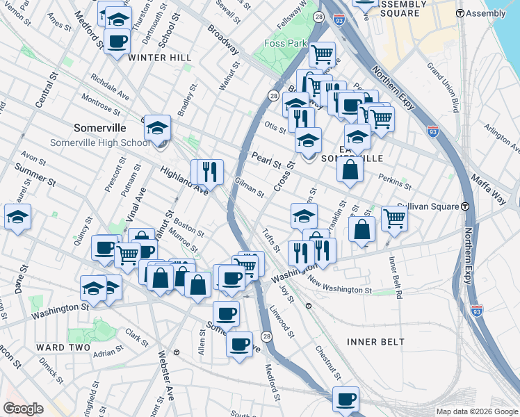 map of restaurants, bars, coffee shops, grocery stores, and more near 115 Cross Street in Somerville