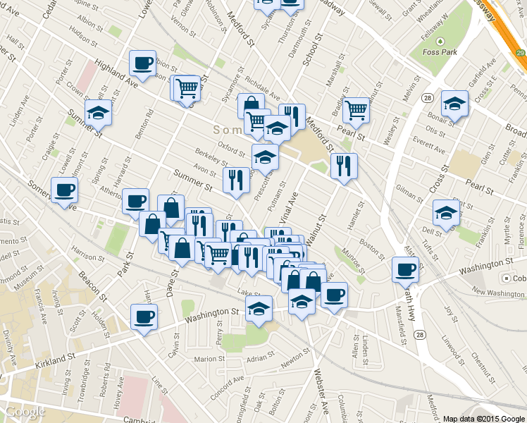 map of restaurants, bars, coffee shops, grocery stores, and more near 22 Putnam Street in Somerville