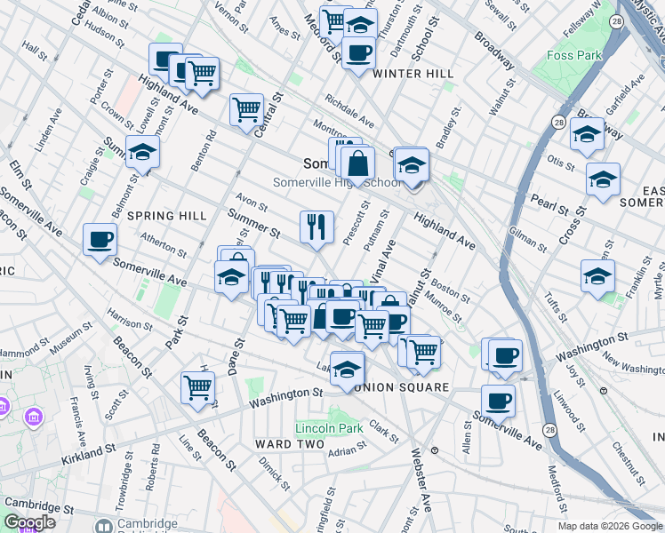 map of restaurants, bars, coffee shops, grocery stores, and more near 59 Summer Street in Somerville