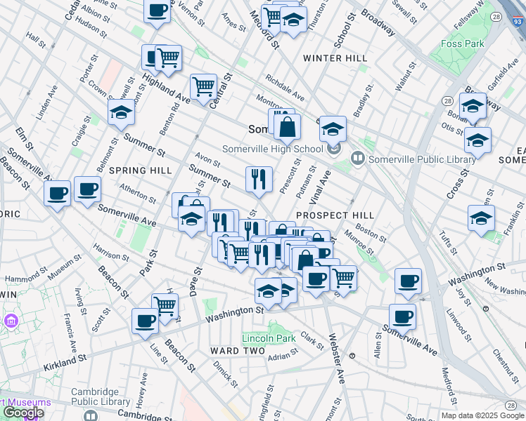 map of restaurants, bars, coffee shops, grocery stores, and more near 59 Summer Street in Somerville