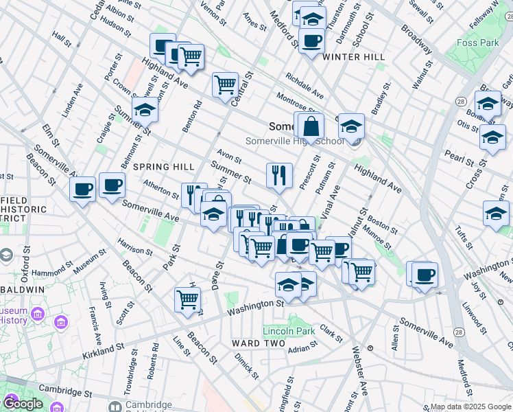 map of restaurants, bars, coffee shops, grocery stores, and more near 16 Preston Road in Somerville