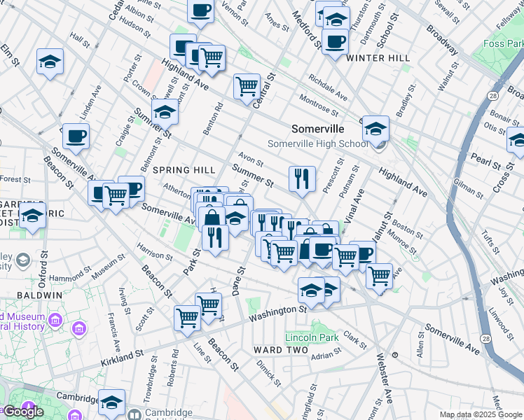 map of restaurants, bars, coffee shops, grocery stores, and more near 27 Osgood Street in Somerville