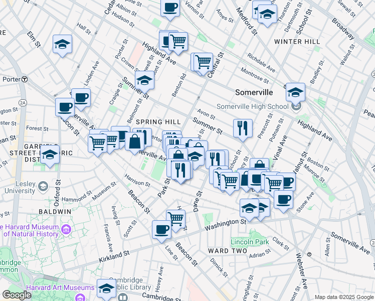 map of restaurants, bars, coffee shops, grocery stores, and more near 25 Laurel Street in Somerville