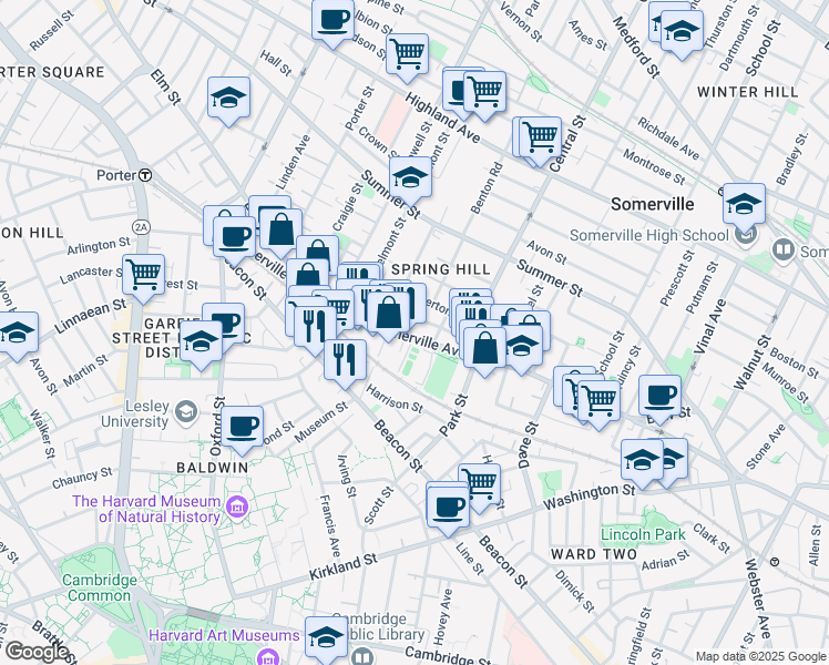 map of restaurants, bars, coffee shops, grocery stores, and more near 593 Somerville Avenue in Somerville