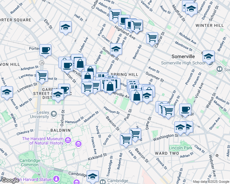 map of restaurants, bars, coffee shops, grocery stores, and more near 593 Somerville Avenue in Somerville