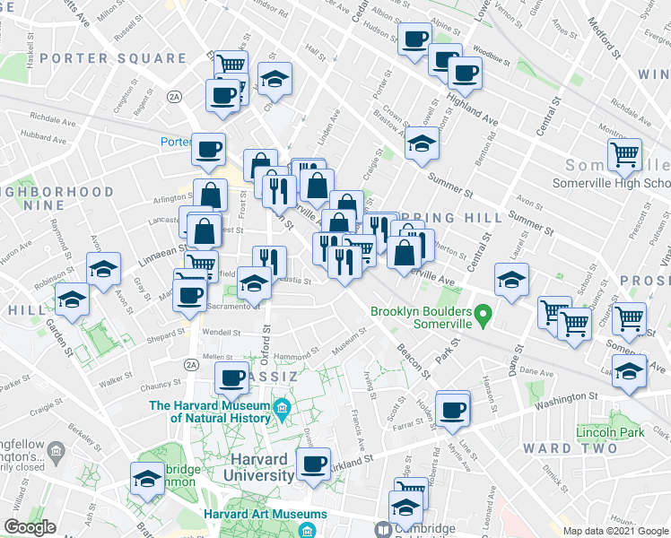 map of restaurants, bars, coffee shops, grocery stores, and more near in Somerville