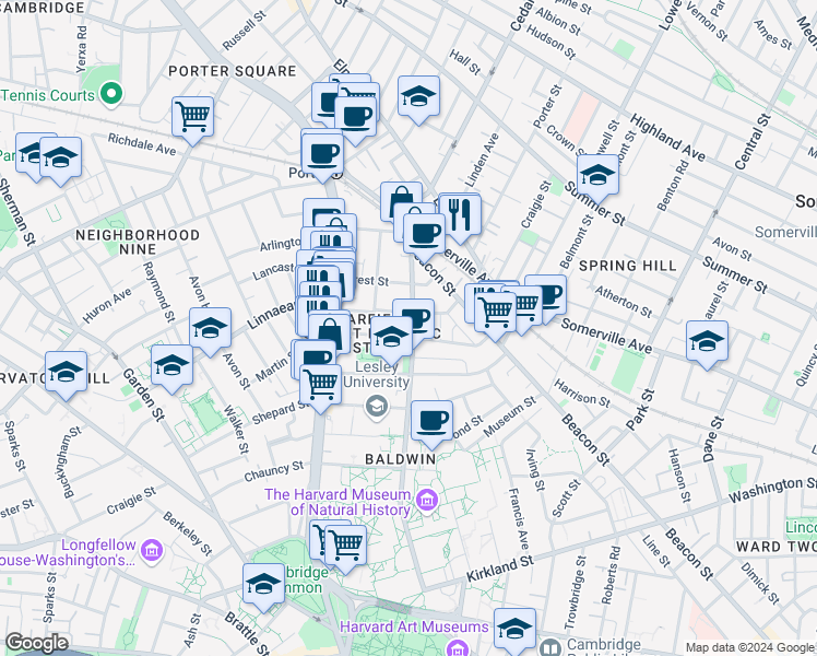 map of restaurants, bars, coffee shops, grocery stores, and more near 119 Oxford Street in Cambridge