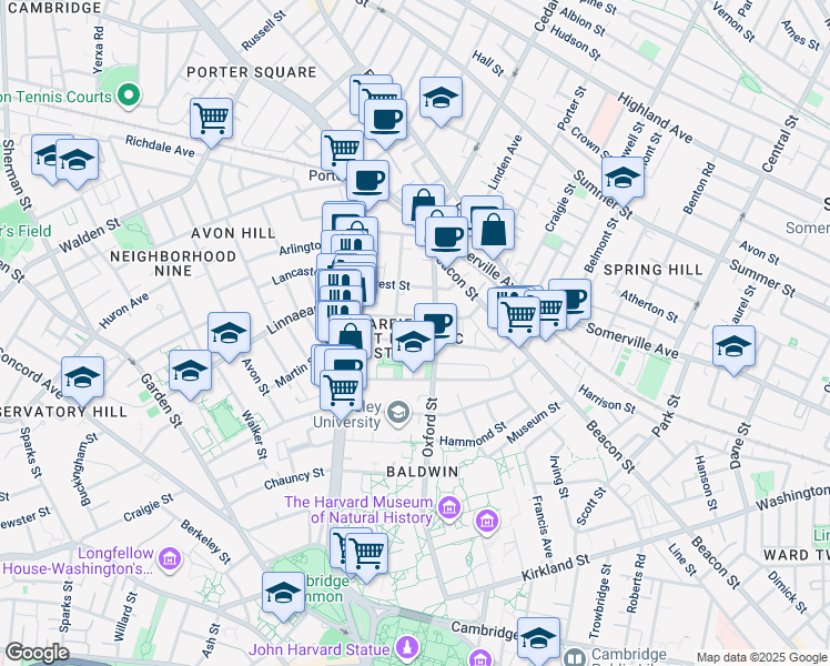 map of restaurants, bars, coffee shops, grocery stores, and more near 119 Oxford Street in Cambridge