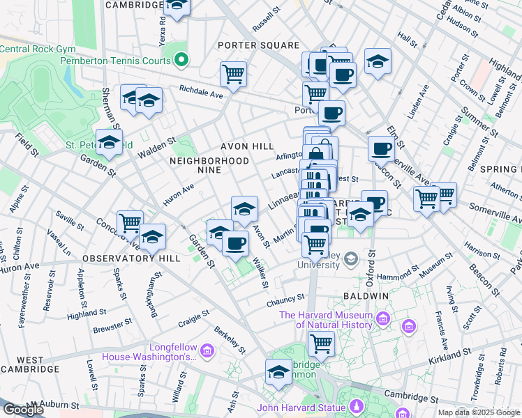 map of restaurants, bars, coffee shops, grocery stores, and more near 5 Washington Avenue in Cambridge