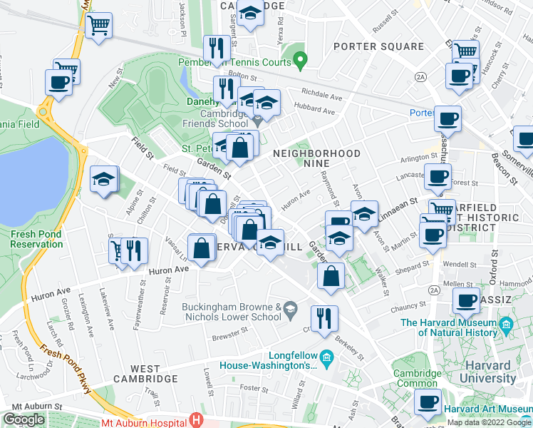 map of restaurants, bars, coffee shops, grocery stores, and more near 6 Garden Court in Cambridge