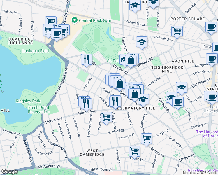 map of restaurants, bars, coffee shops, grocery stores, and more near 302 Concord Avenue in Cambridge